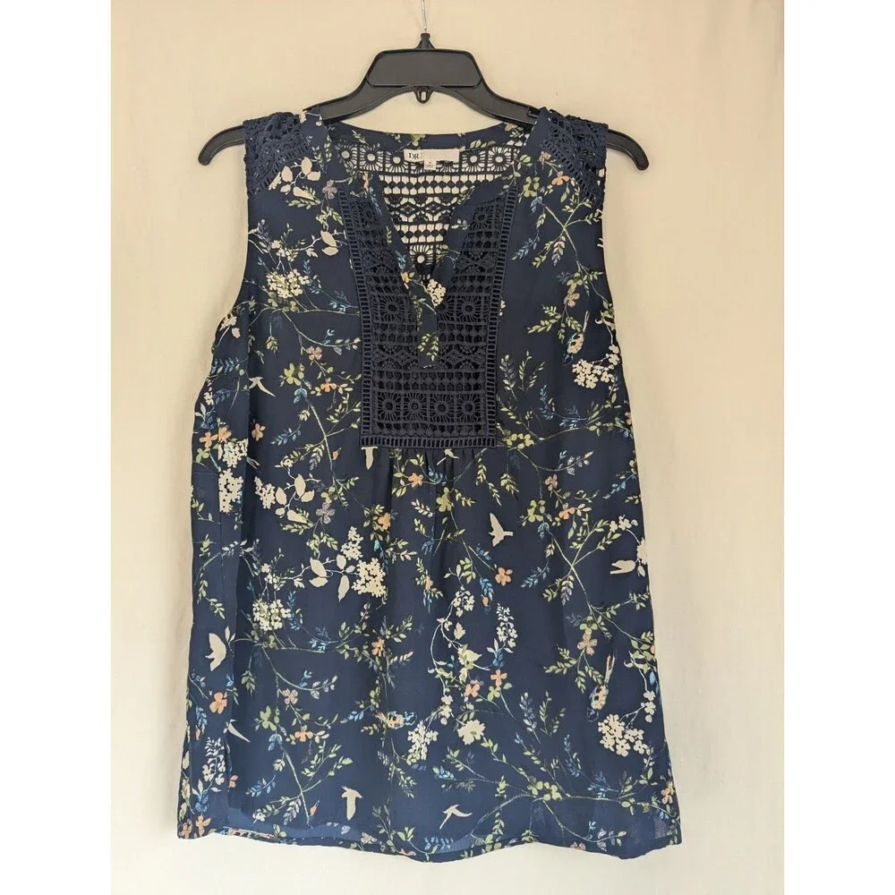 DR2 Tank Top Blouse Size М Womans Navy Blue Floral Sleeveless Crochet Trim - Picture 1 of 7
